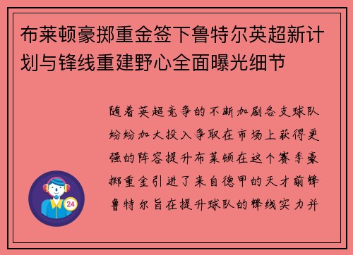 布莱顿豪掷重金签下鲁特尔英超新计划与锋线重建野心全面曝光细节